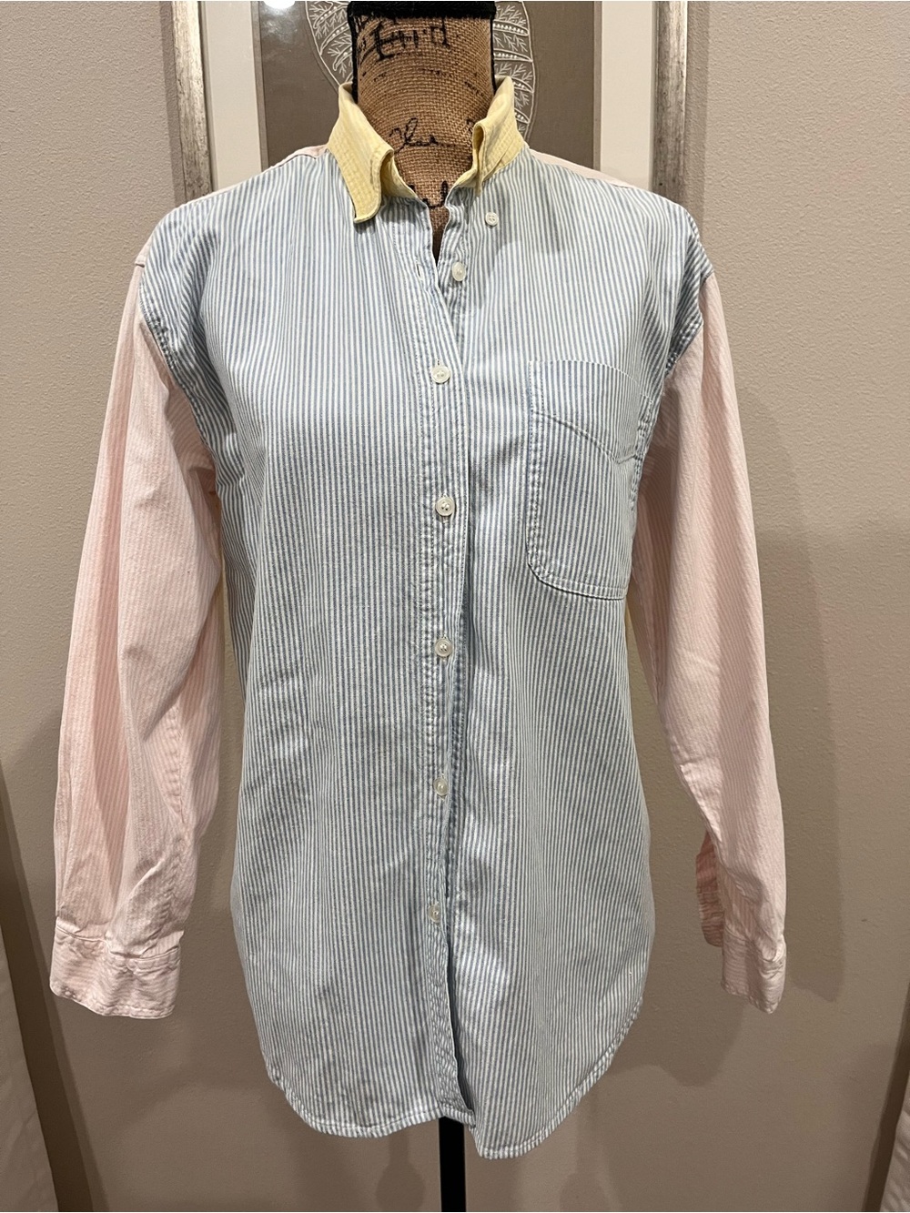 Andrew’s Blues Vintage Cotton Button-Up Shirt Pastel Yellow, Blue & Pink Stripe